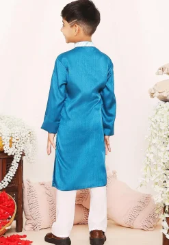 Digital Printed Dupion Silk Jacket Style Kurta Set in Blue