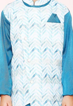 Digital Printed Dupion Silk Jacket Style Kurta Set in Blue