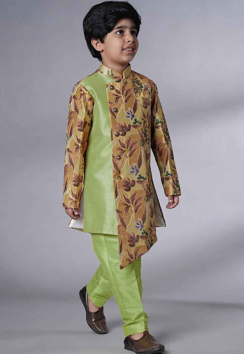 Digital Printed Dupion Silk Sherwani Set in Beige and Green