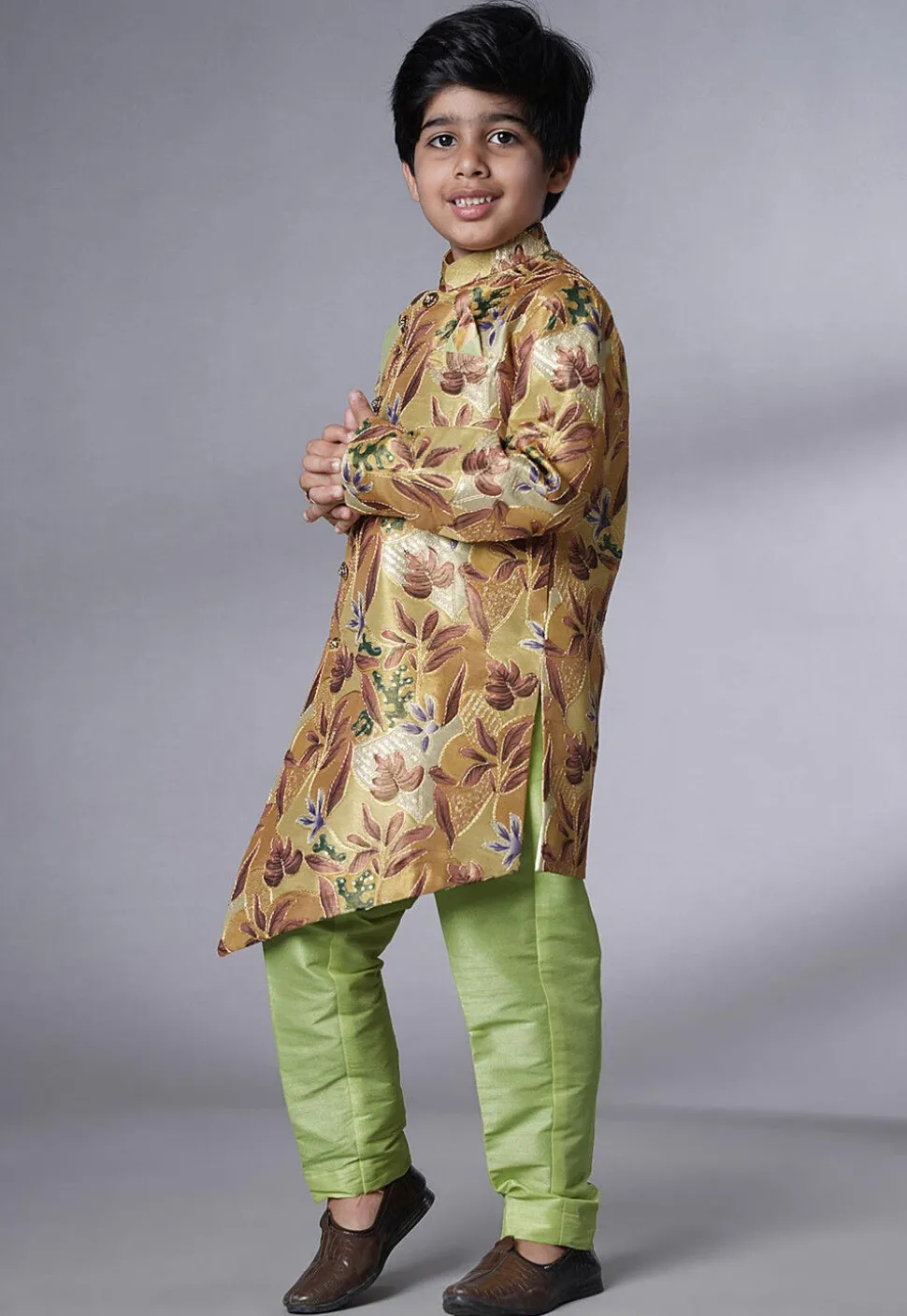Digital Printed Dupion Silk Sherwani Set in Beige and Green