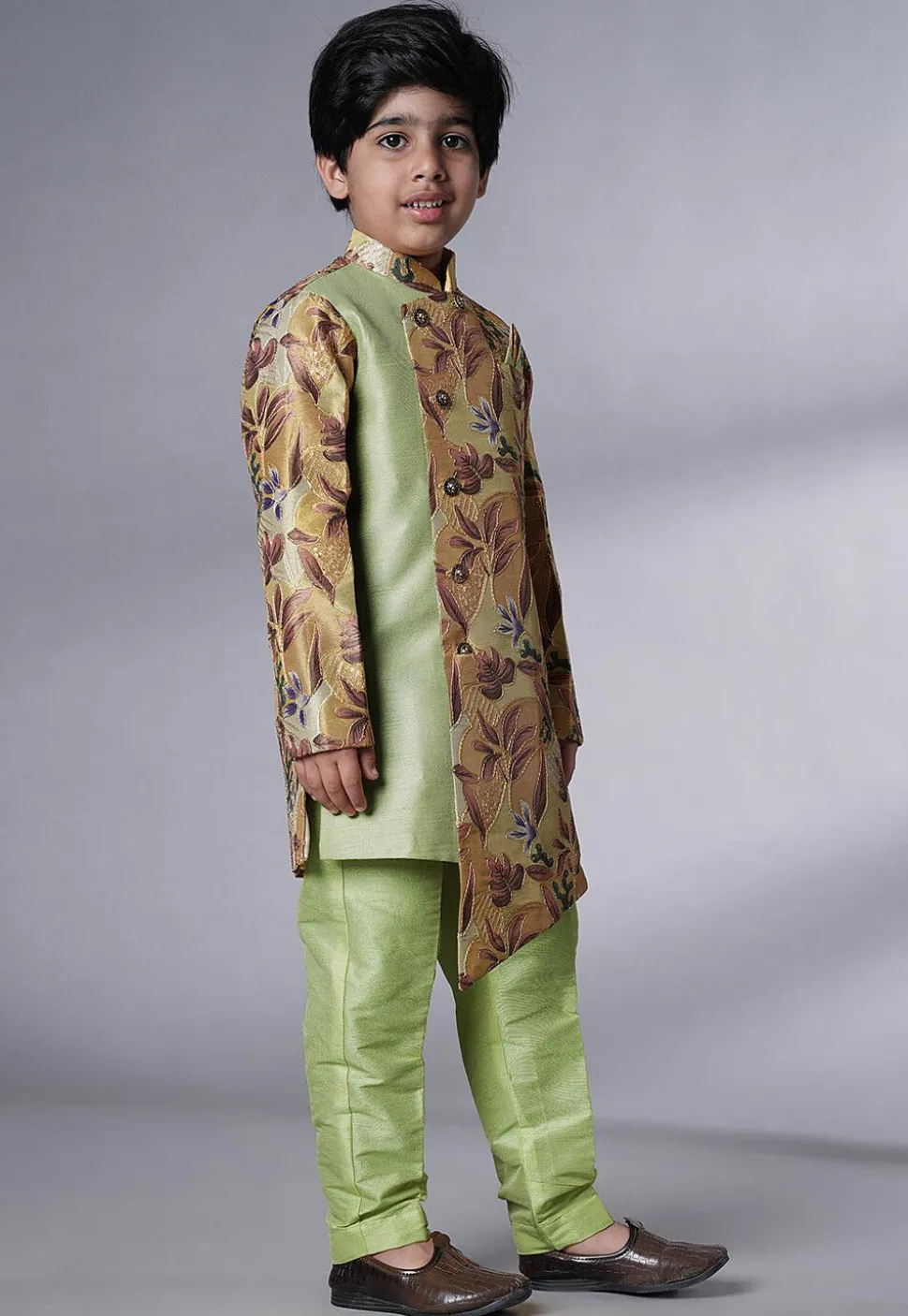 Digital Printed Dupion Silk Sherwani Set in Beige and Green