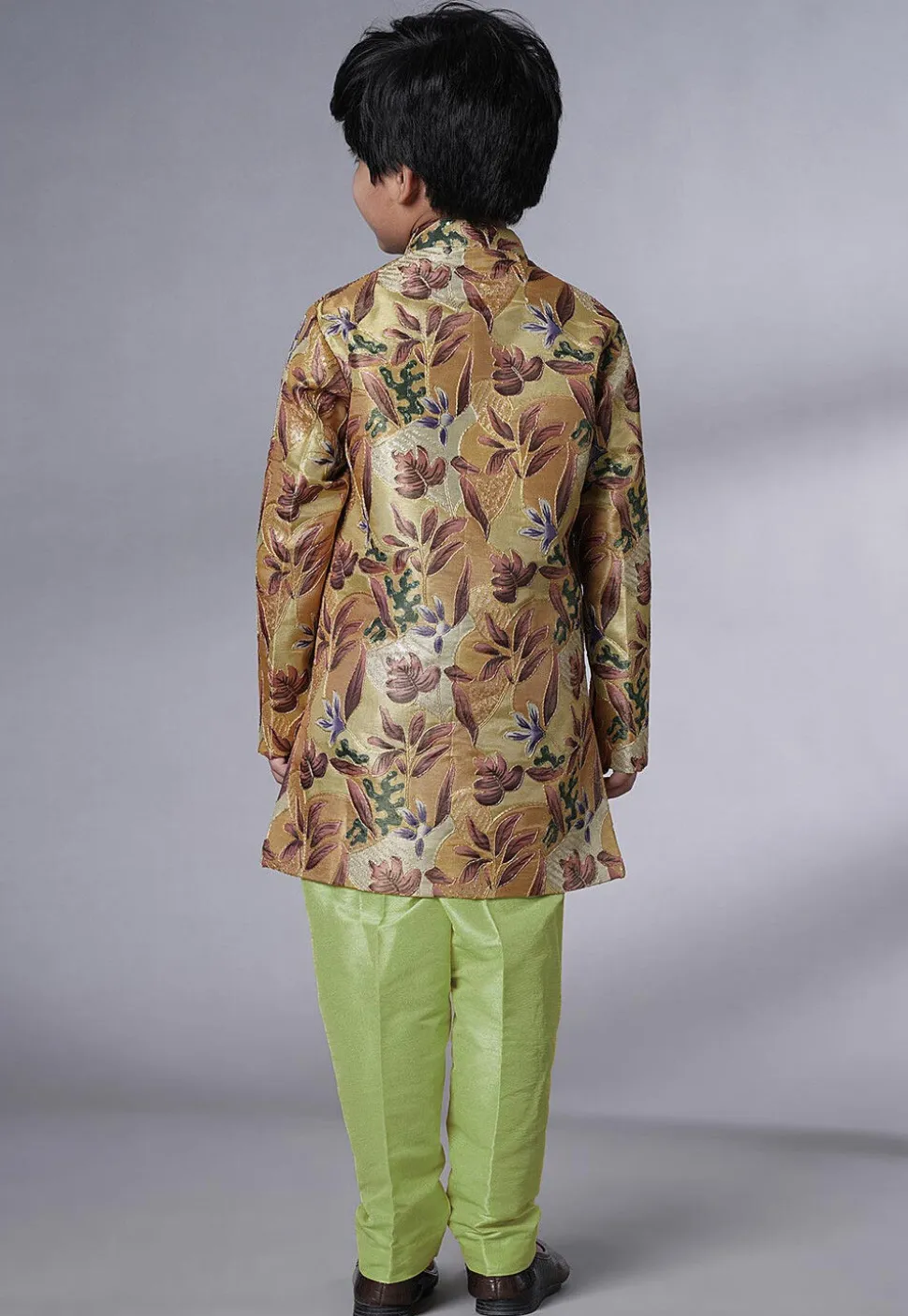 Digital Printed Dupion Silk Sherwani Set in Beige and Green