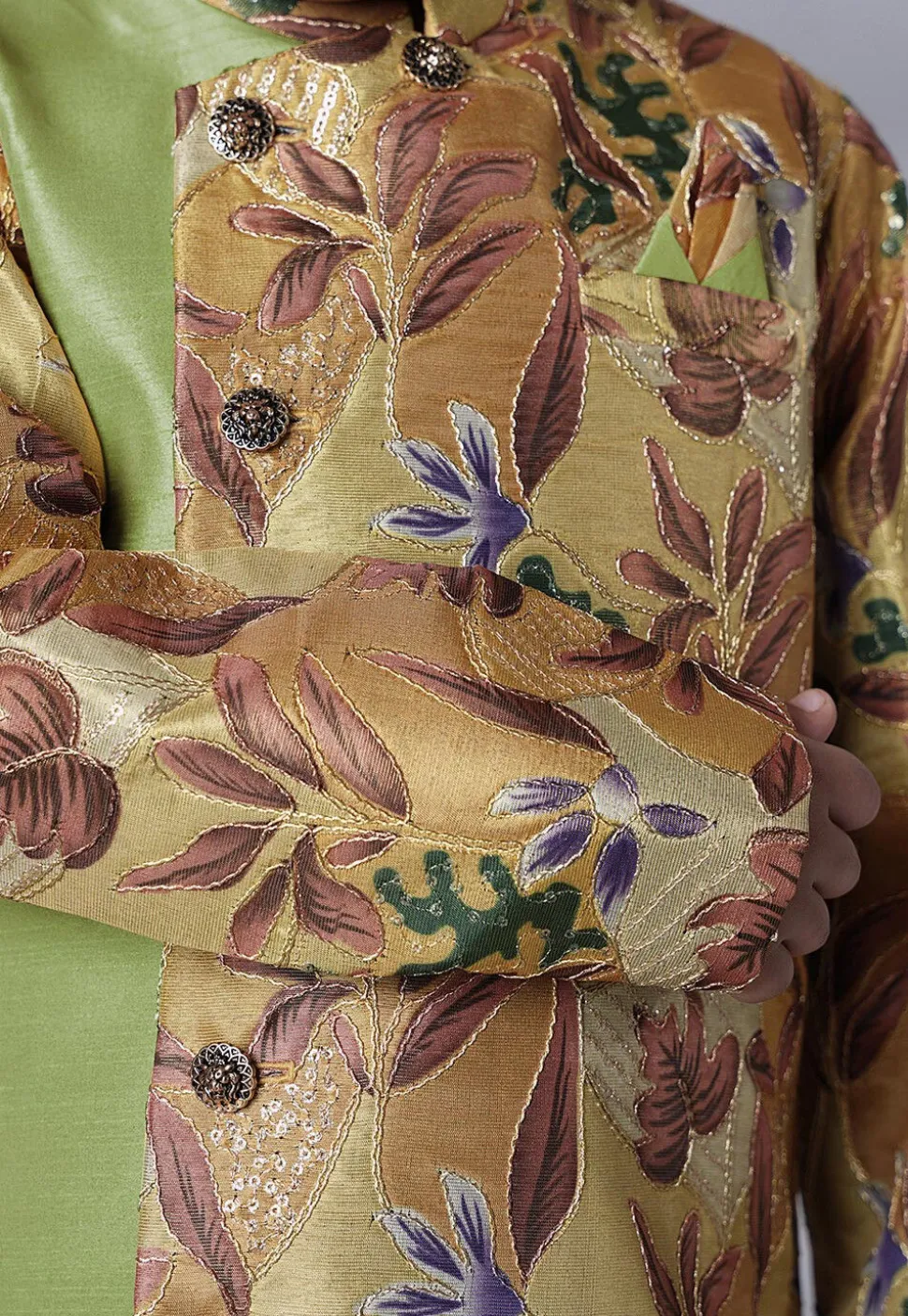 Digital Printed Dupion Silk Sherwani Set in Beige and Green