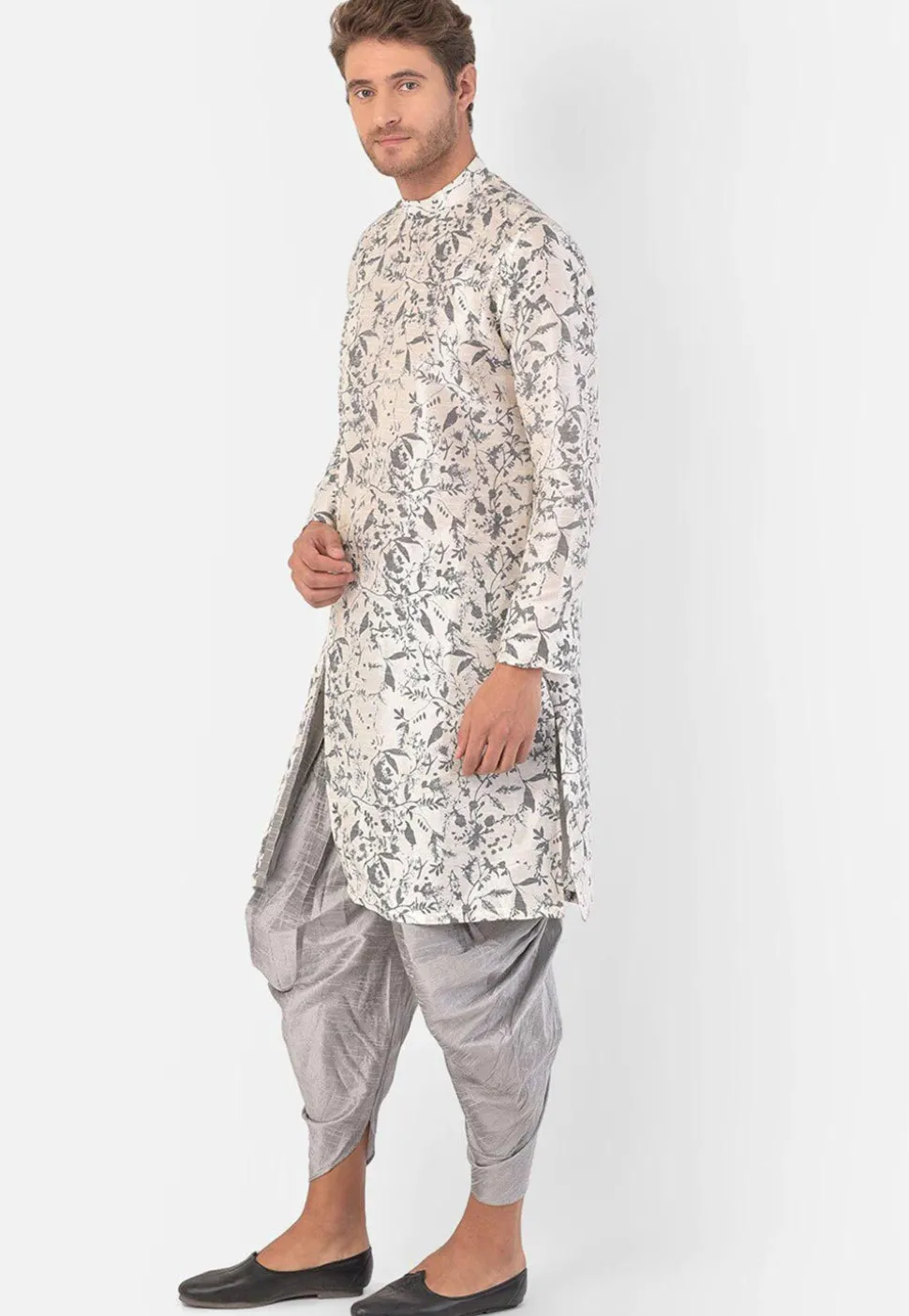 Digital Printed Dupion Silk Dhoti Kurta in Off White