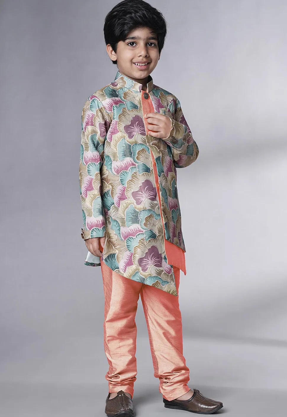 Digital Printed Dupion Silk Sherwani Set in Multicolor