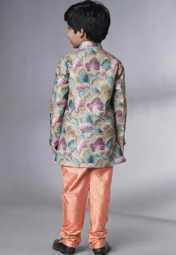 Digital Printed Dupion Silk Sherwani Set in Multicolor