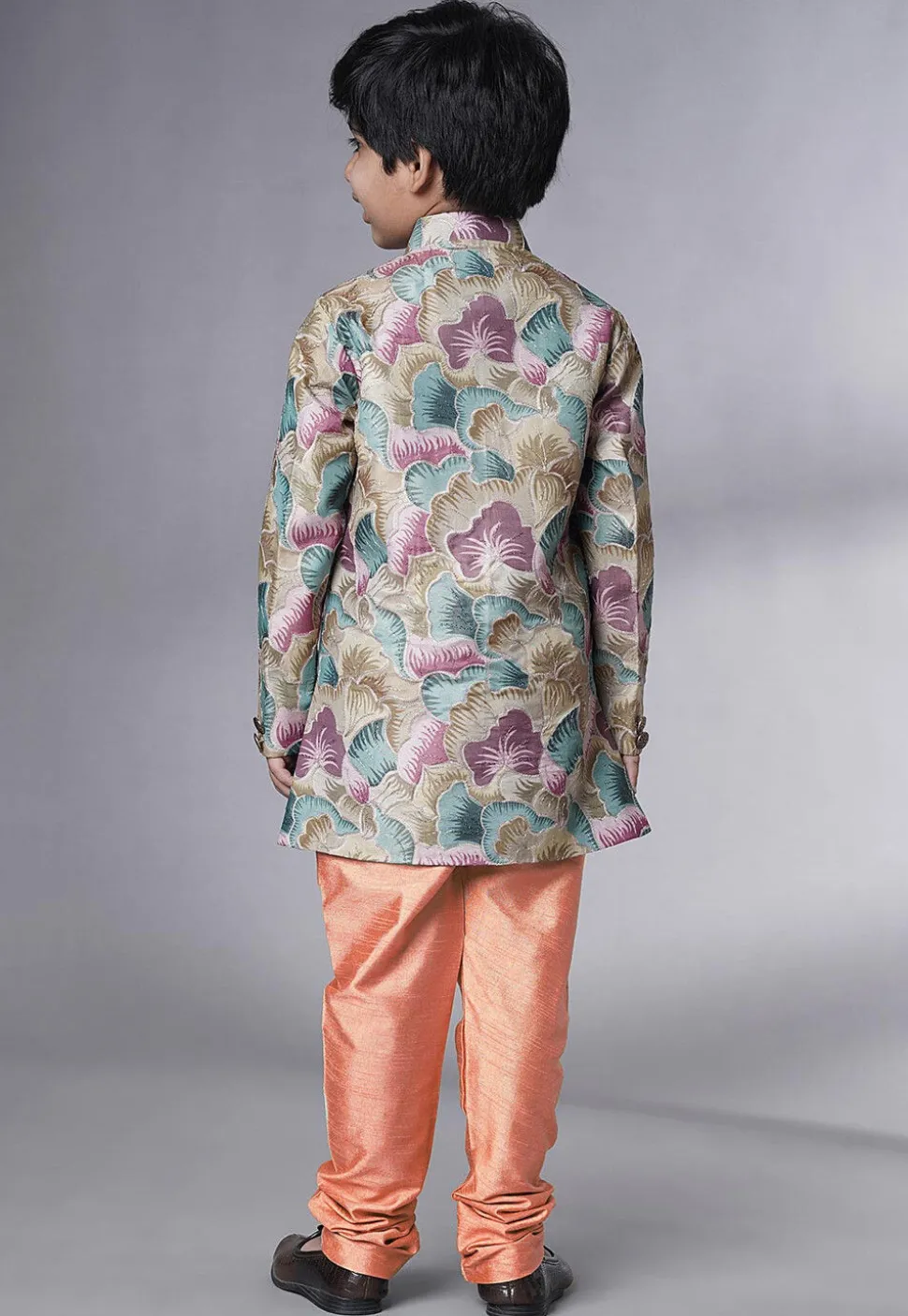 Digital Printed Dupion Silk Sherwani Set in Multicolor