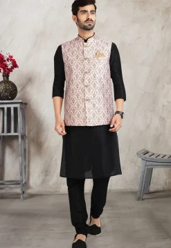 Digital Printed Dupion Silk Kurta Set in Black