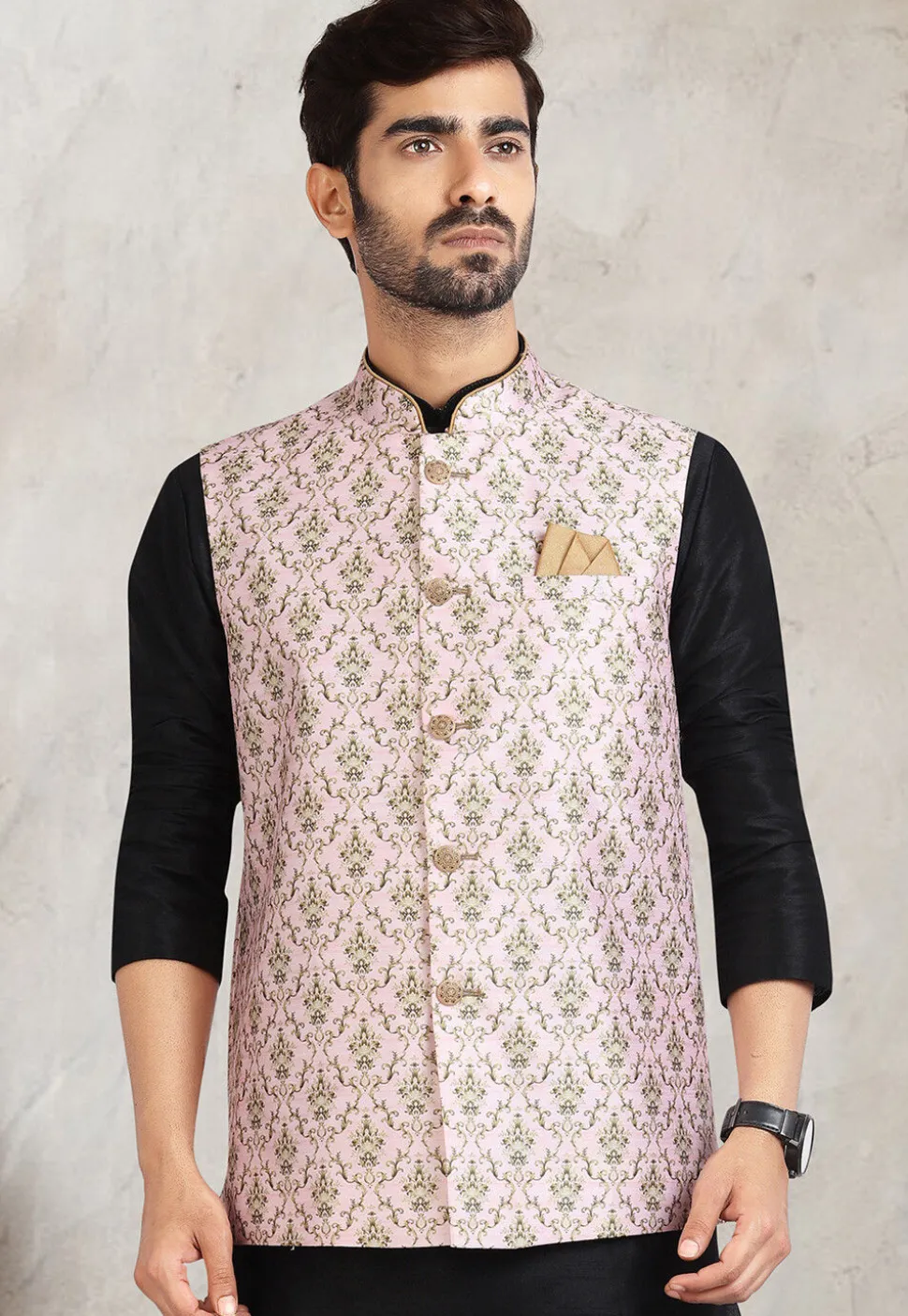 Digital Printed Dupion Silk Kurta Set in Black