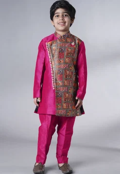 Digital Printed Dupion Silk Sherwani in Fuchsia