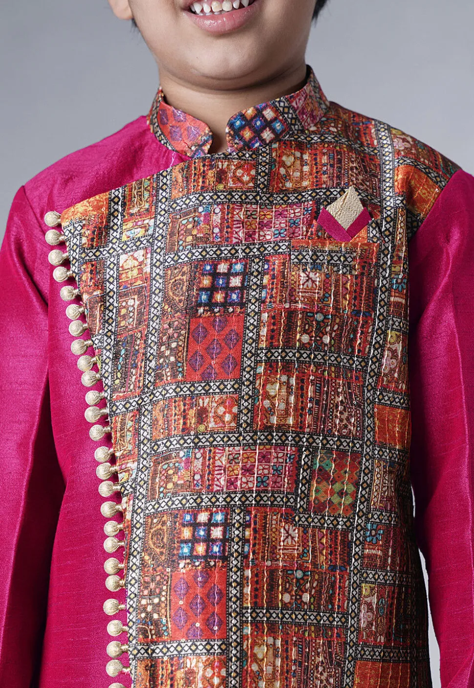 Digital Printed Dupion Silk Sherwani in Fuchsia