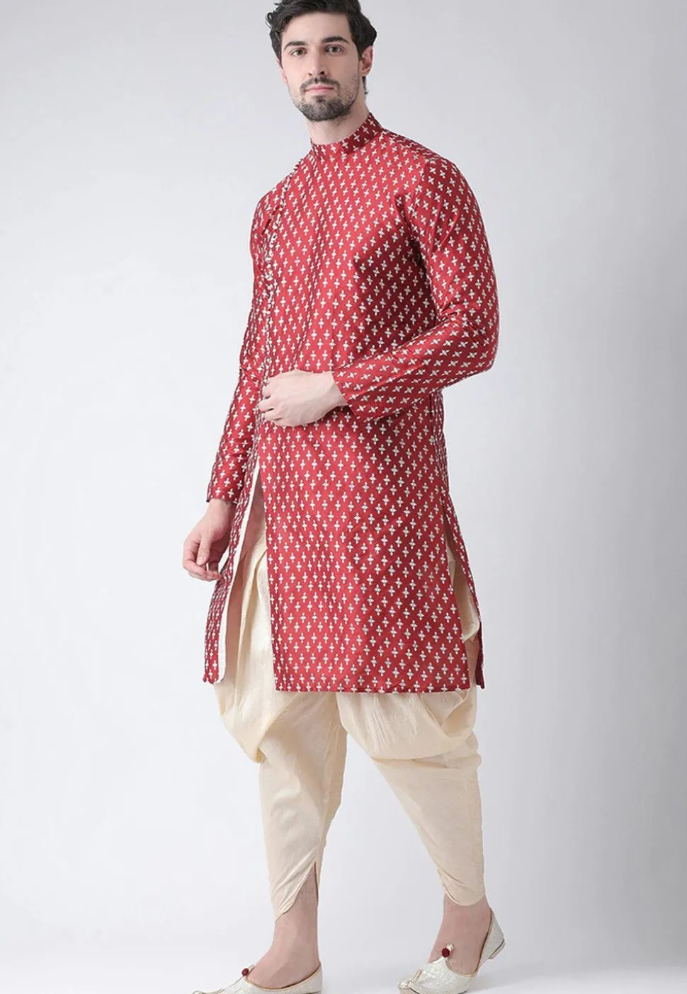 Digital Printed Dupion Silk Dhoti Kurta in Maroon