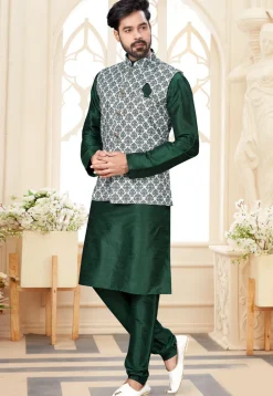 Digital Printed Dupion Silk Kurta Jacket Set in Green and White