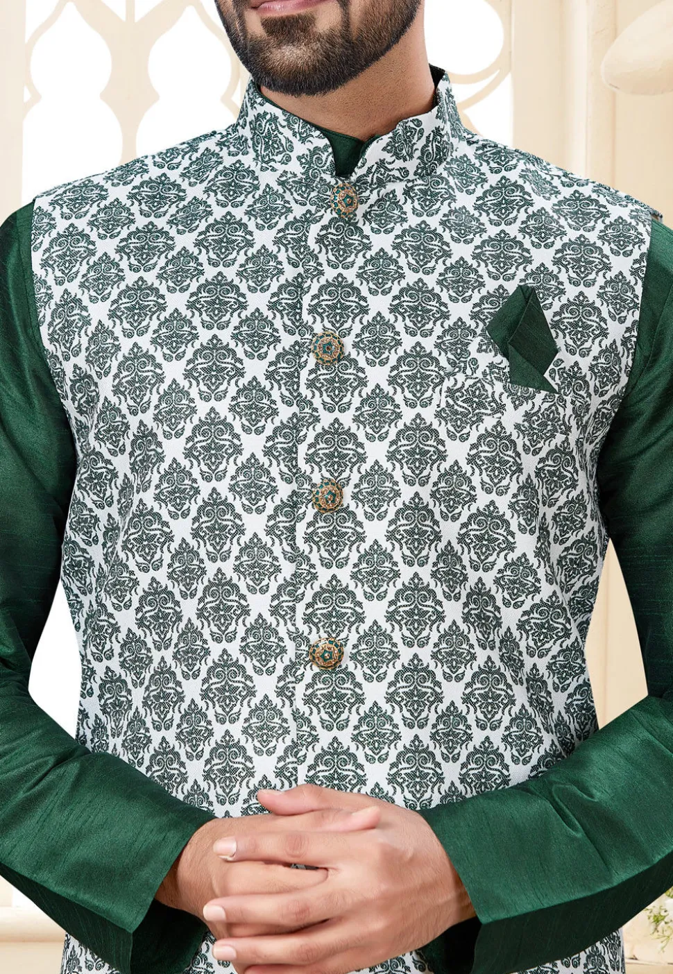 Digital Printed Dupion Silk Kurta Jacket Set in Green and White
