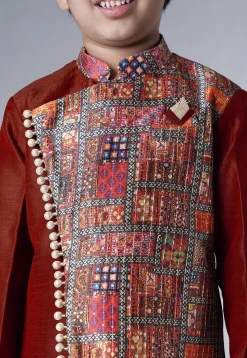 Digital Printed Dupion Silk Sherwani in Maroon