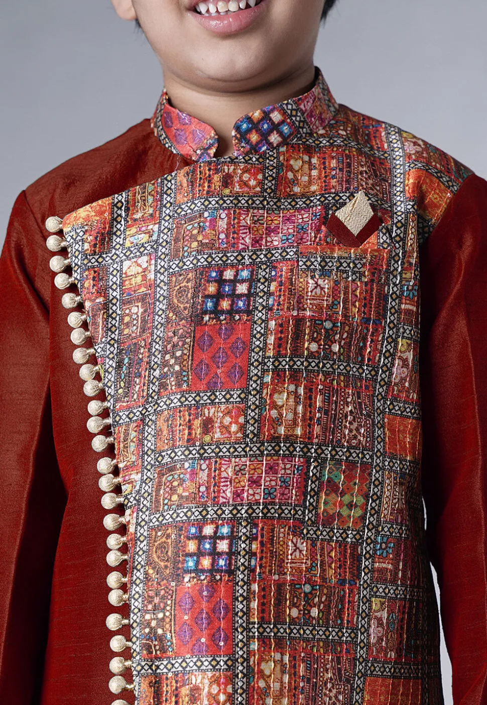 Digital Printed Dupion Silk Sherwani in Maroon