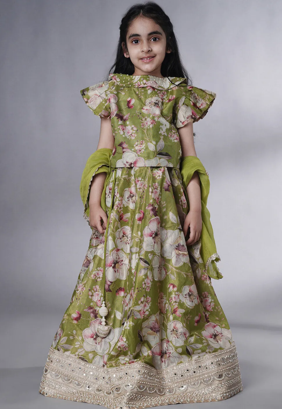 Digital Printed Dupion Silk Lehenga in Dusty Green
