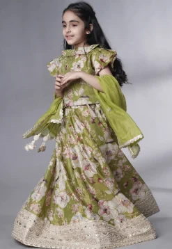 Digital Printed Dupion Silk Lehenga in Dusty Green