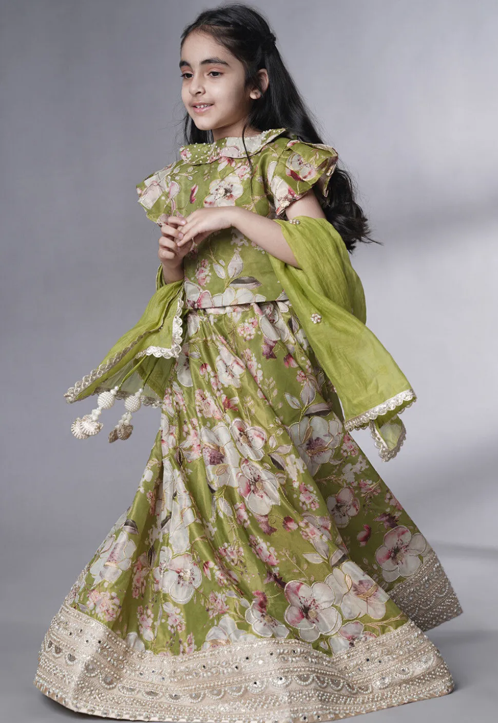 Digital Printed Dupion Silk Lehenga in Dusty Green