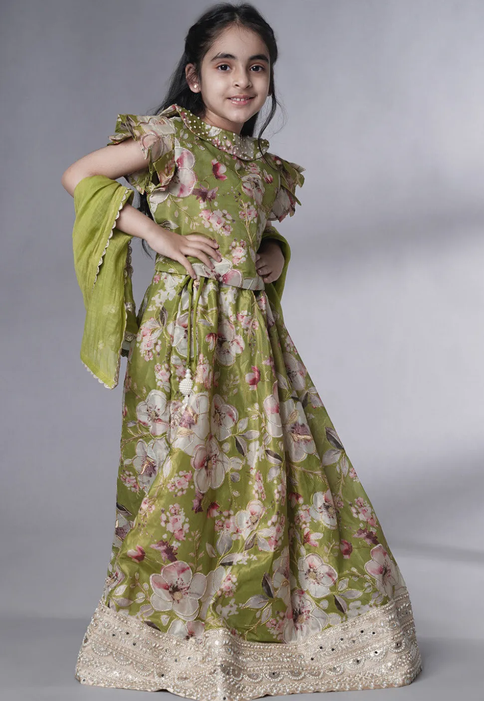 Digital Printed Dupion Silk Lehenga in Dusty Green