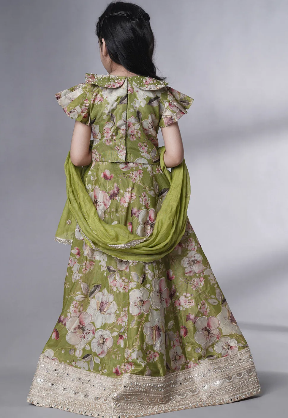 Digital Printed Dupion Silk Lehenga in Dusty Green
