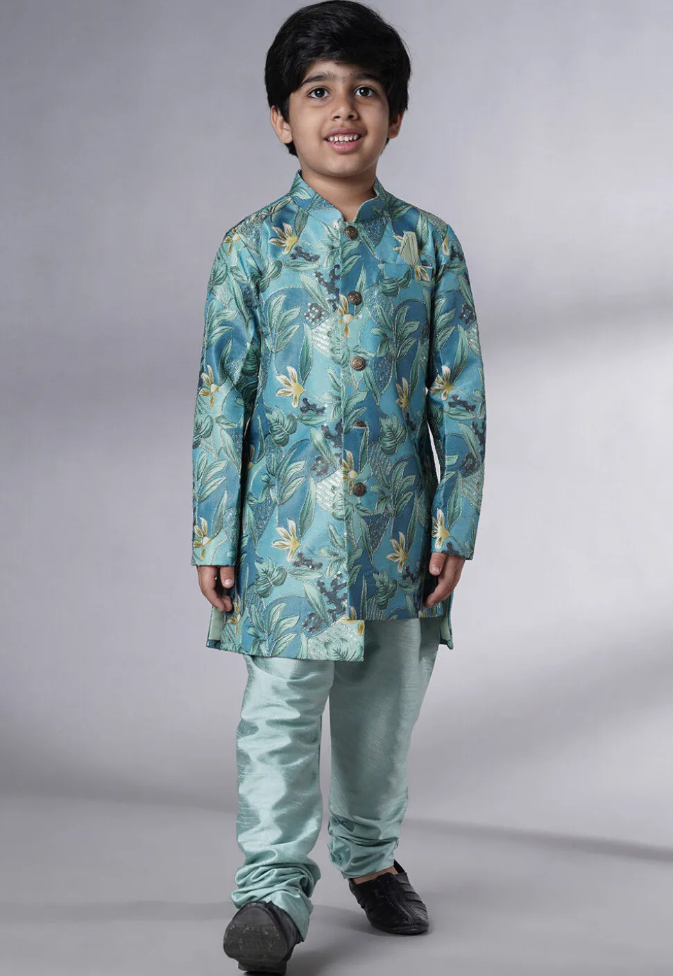 Digital Printed Dupion Silk Sherwani Set in Teal Blue