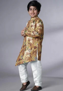 Digital Printed Dupion Silk Sherwani Set in Beige