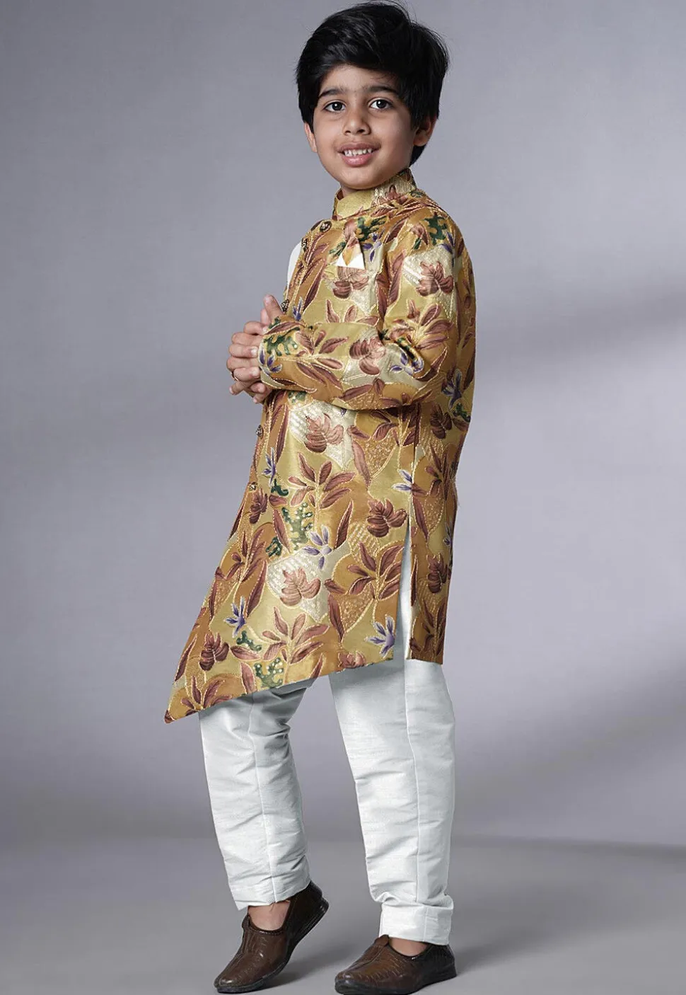 Digital Printed Dupion Silk Sherwani Set in Beige
