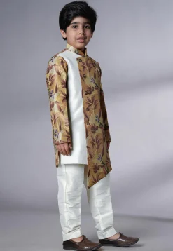 Digital Printed Dupion Silk Sherwani Set in Beige