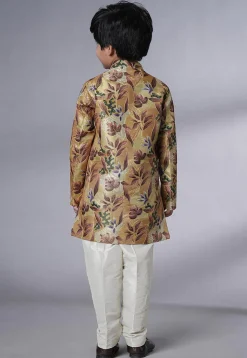 Digital Printed Dupion Silk Sherwani Set in Beige