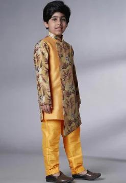 Digital Printed Dupion Silk Sherwani Set in Beige and Yellow