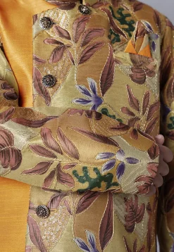Digital Printed Dupion Silk Sherwani Set in Beige and Yellow