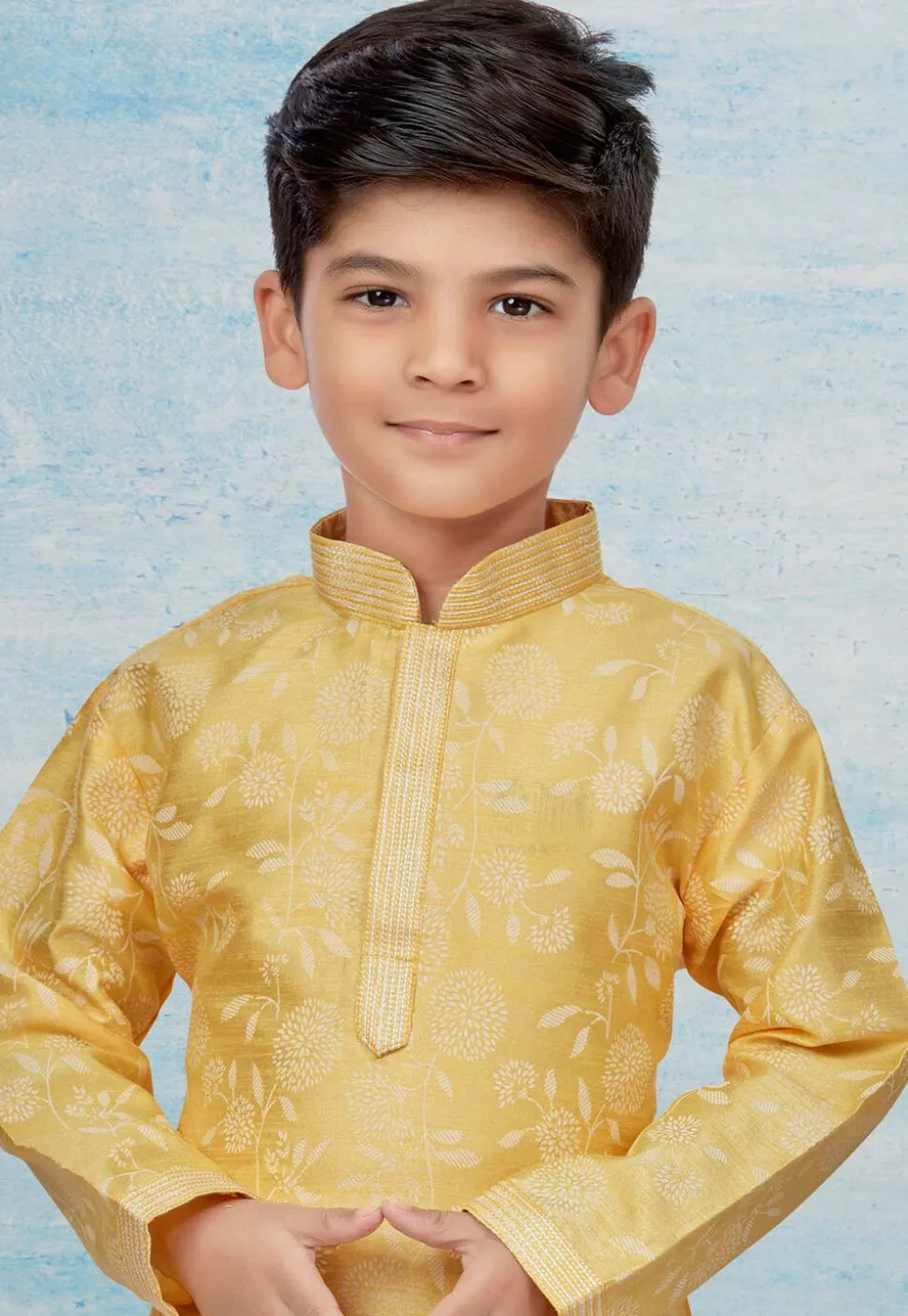 Digital Printed Dupion Silk Kurta Set in Yellow