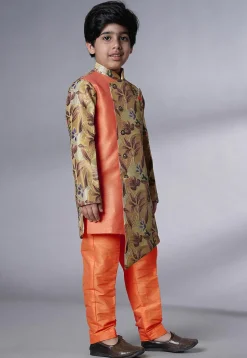 Digital Printed Dupion Silk Sherwani Set in Beige and Orange