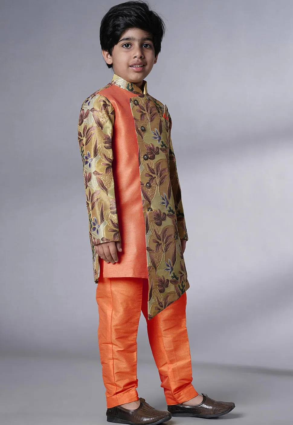 Digital Printed Dupion Silk Sherwani Set in Beige and Orange