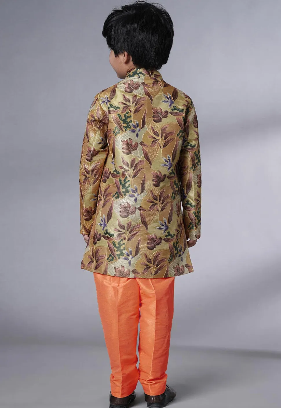 Digital Printed Dupion Silk Sherwani Set in Beige and Orange