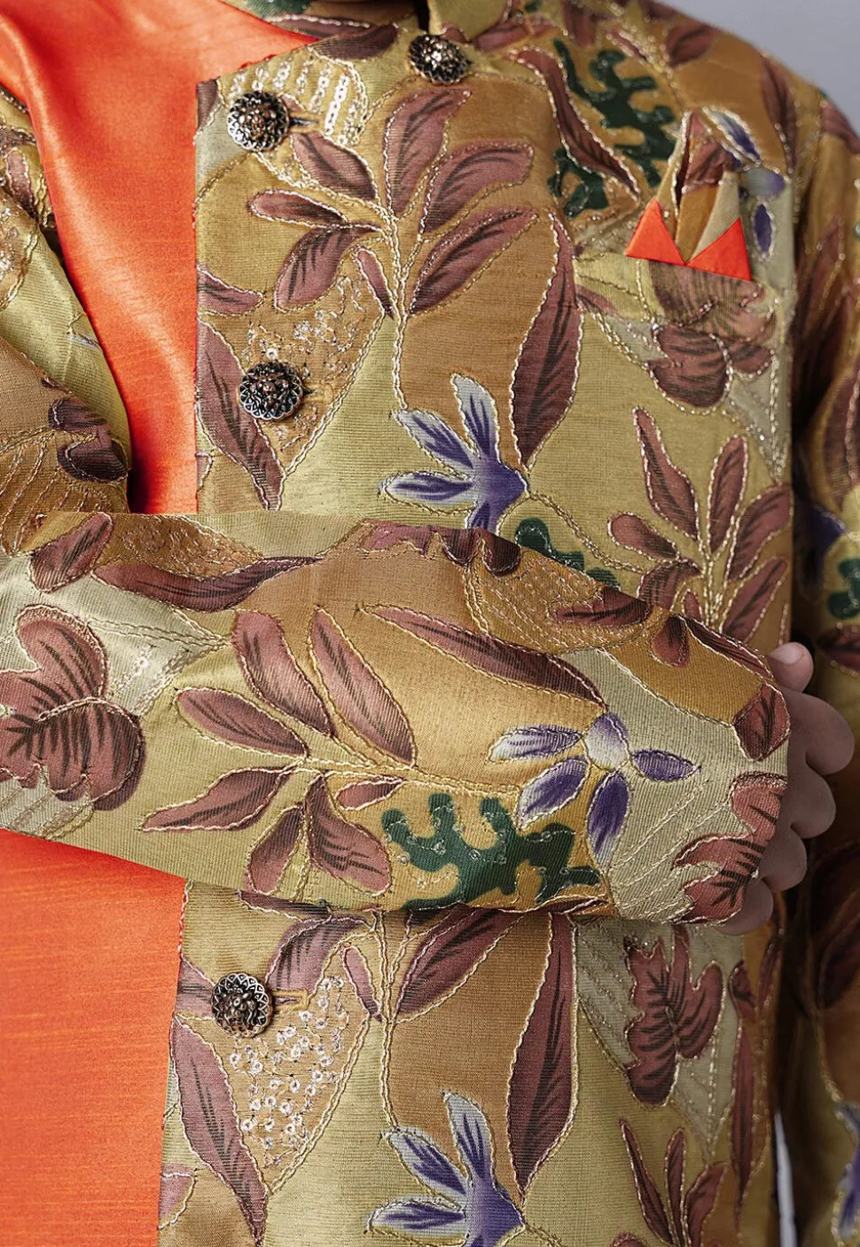 Digital Printed Dupion Silk Sherwani Set in Beige and Orange