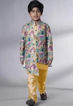 Digital Printed Dupion Silk Sherwani Set in Multicolor