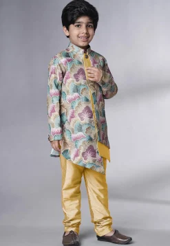 Digital Printed Dupion Silk Sherwani Set in Multicolor