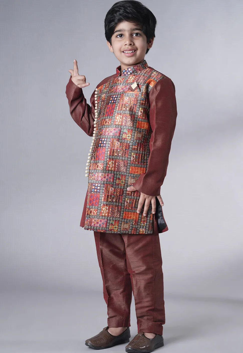 Digital Printed Dupion Silk Kurta Set in Dark Brown