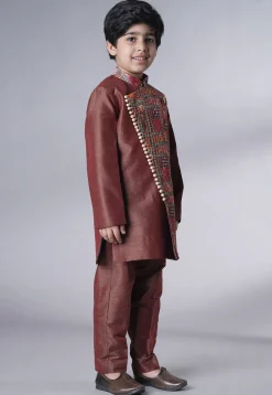 Digital Printed Dupion Silk Kurta Set in Dark Brown