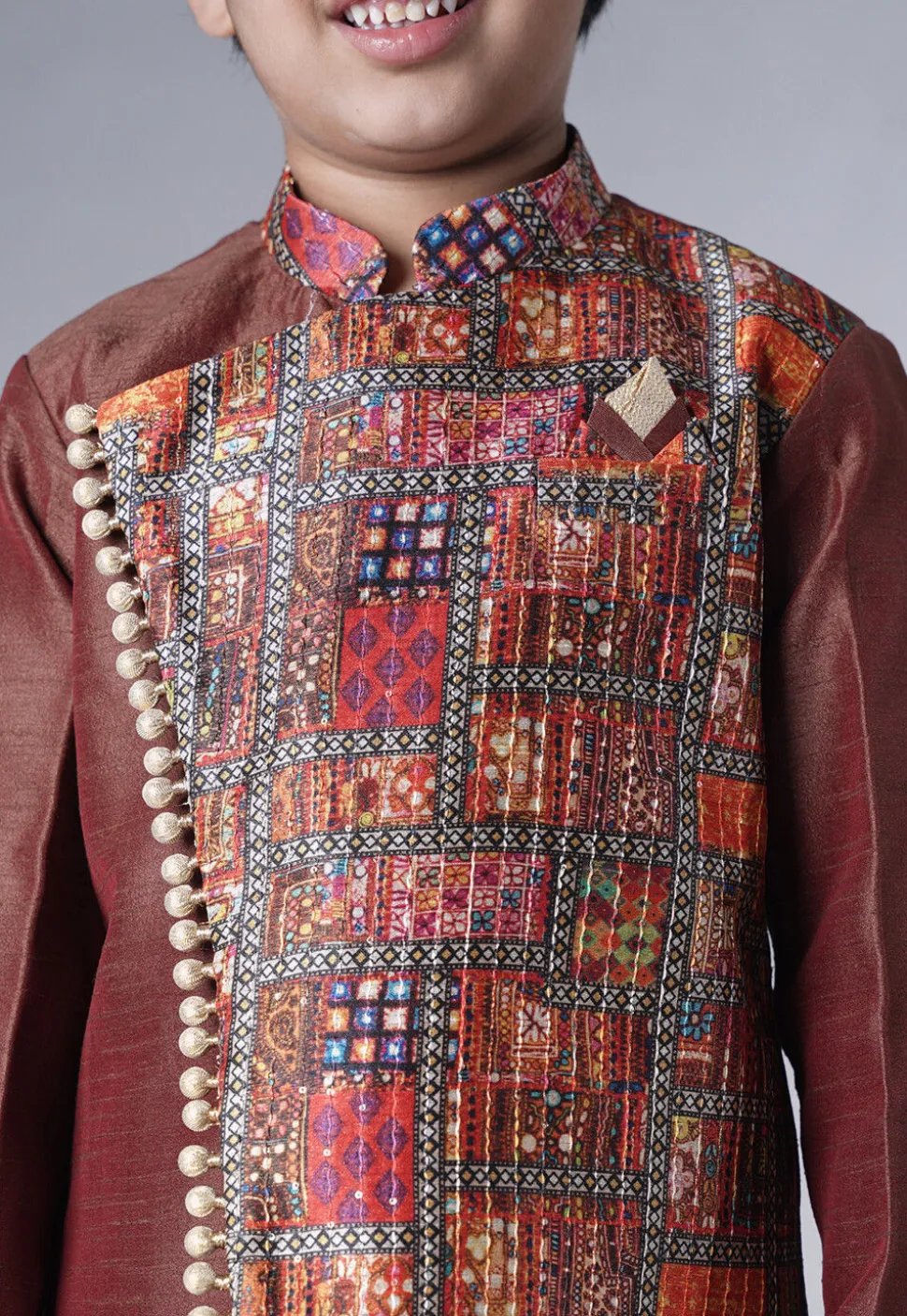 Digital Printed Dupion Silk Kurta Set in Dark Brown