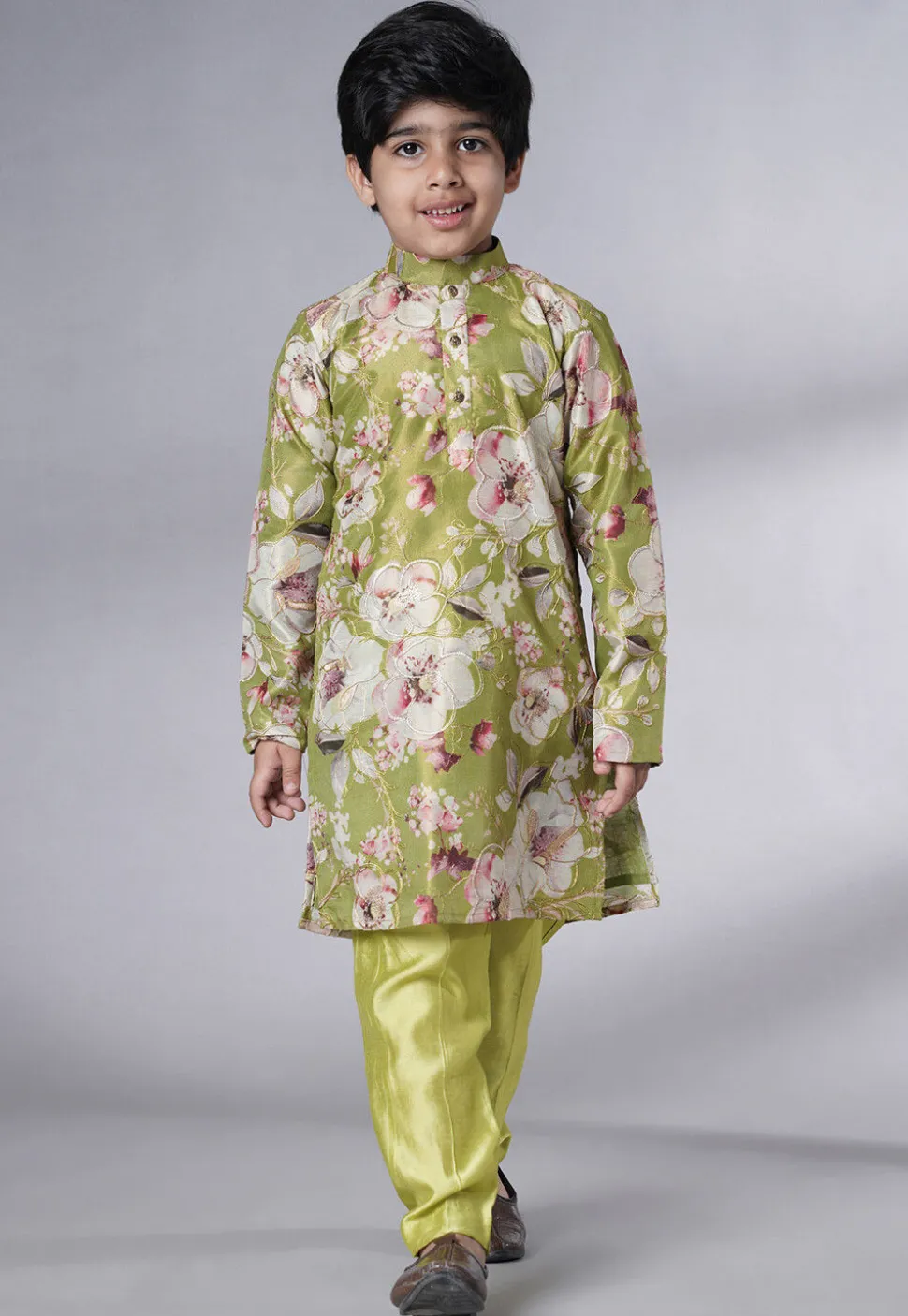 Digital Printed Dupion Silk Kurta Set in Green