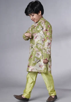 Digital Printed Dupion Silk Kurta Set in Green