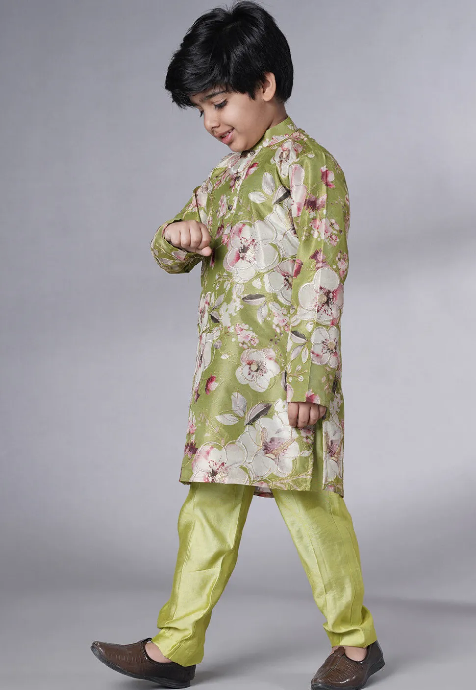 Digital Printed Dupion Silk Kurta Set in Green