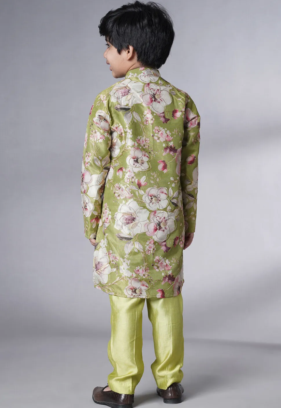 Digital Printed Dupion Silk Kurta Set in Green