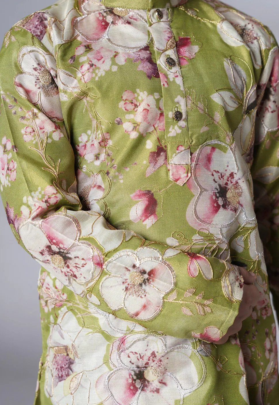 Digital Printed Dupion Silk Kurta Set in Green