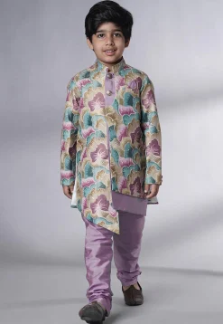 Digital Printed Dupion Silk Sherwani Set in Multicolor