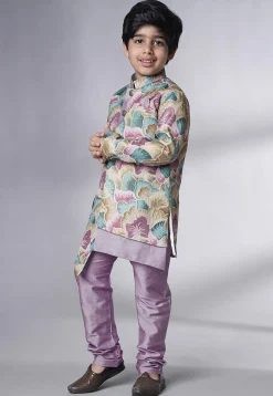Digital Printed Dupion Silk Sherwani Set in Multicolor