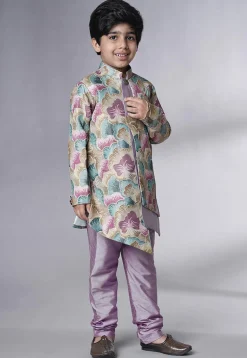 Digital Printed Dupion Silk Sherwani Set in Multicolor